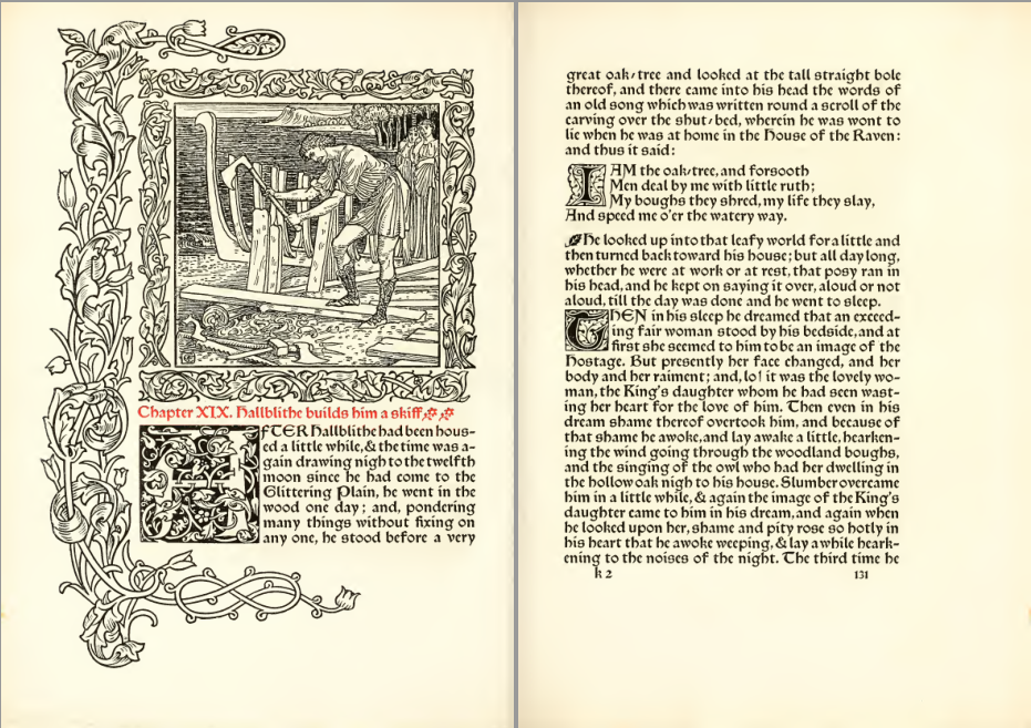 Páginas 130 e 131 da edição Kelmscott de 1894. À esquerda, Hallblithe constrói uma embarcação sob uma moldura vegetal; à direita, continua o texto do capítulo XIX.